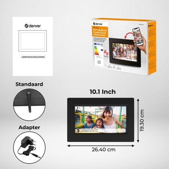 Cadre photo numérique Denver 10,1 pouces - écran en verre - HD - application Frameo - cadre photo - WiFi - IPS - écran tactile - 16 Go - noir - PFF1015B