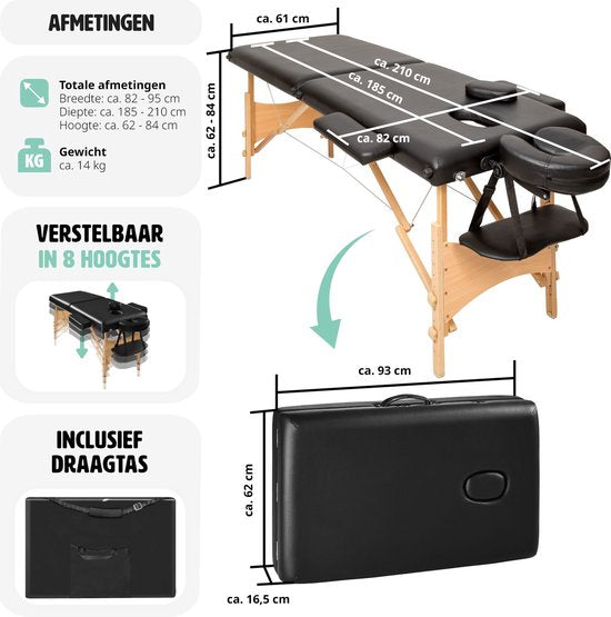 Table de massage mobile - revêtement 5cm - 2 Zones + sac de transport noir