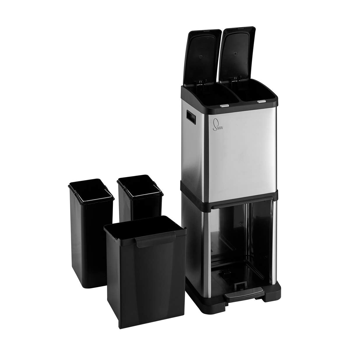 SVITA Poubelle à pédale en acier inoxydable avec séparation des déchets - 32 Litres (2x8L + 16L) - Argent - 77x33x33 cm