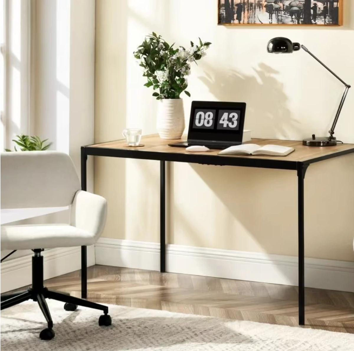 Table à manger Urban Meuble 120 x 75 cm - Aspect bois - Piètement métallique noir - Style minimaliste