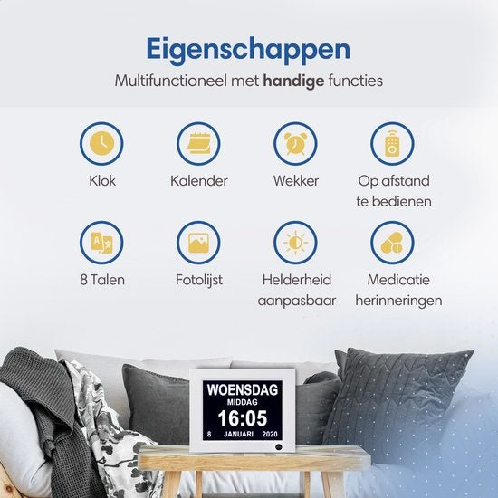 Safe Age® Dementia Clock XL - Horloge calendrier numérique avec date et jour - Réveil médical, fonction alarme et fonction cadre photo - Horloge Alzheimer / Horloge Seniors