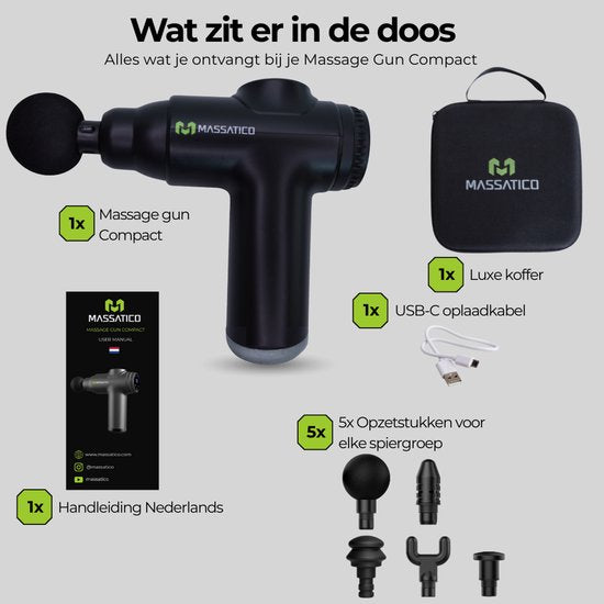 Massatico Massage Gun Compact - Appareil de massage professionnel et puissant - Appareil de massage / Pistolet de massage - Noir - 5 embouts - 32 réglages - Avec mallette