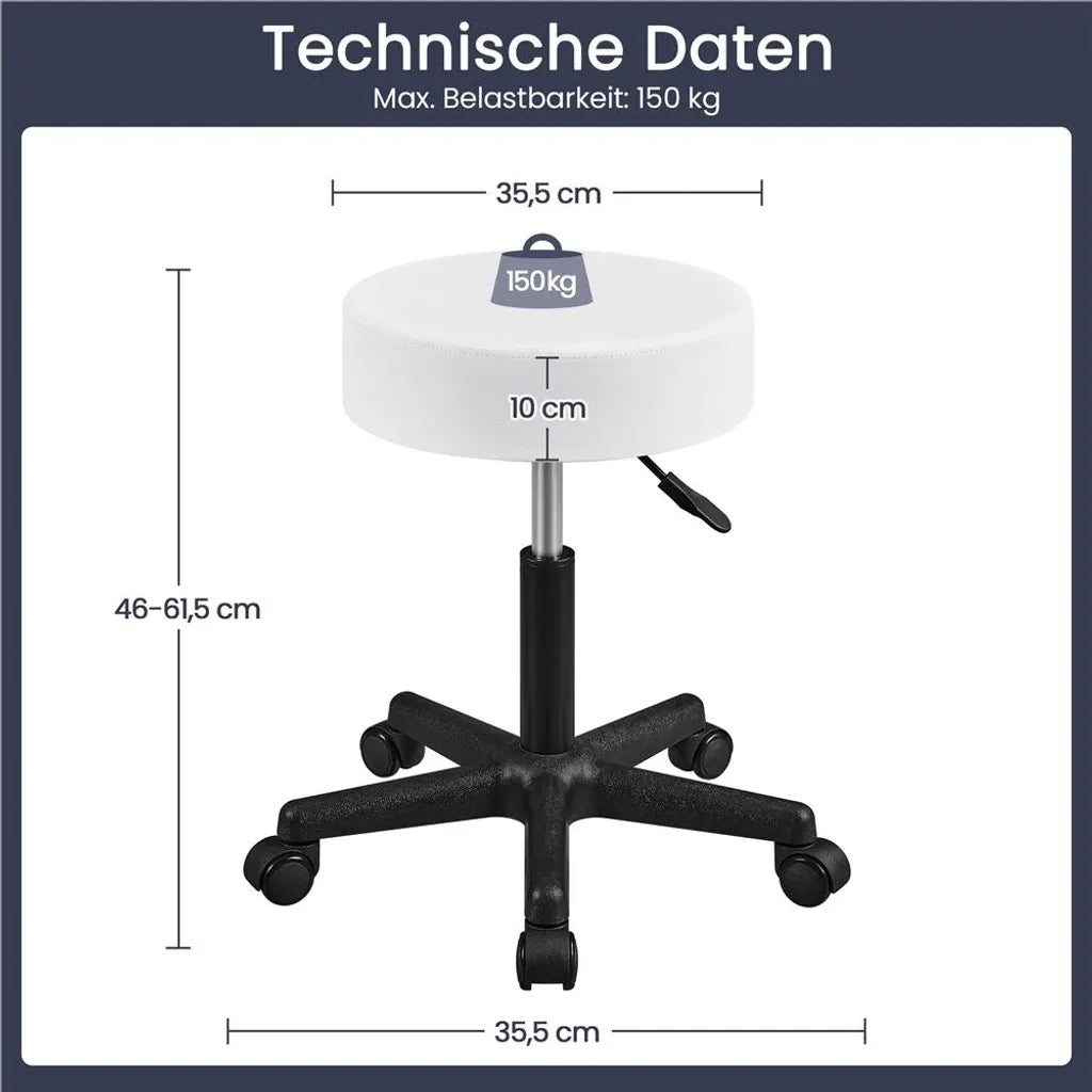 Yaheetech Tabouret roulant 50 × 50 × 46-61.5 cm - Blanc - Tabouret pivotant réglable avec roues et capacité de charge de 150 kg