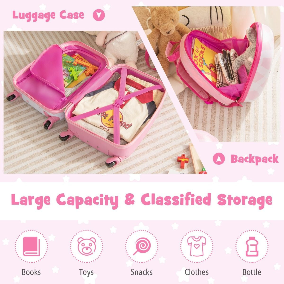 Coast valise + sac à dos pour enfants - licornes - 2 pièces - bagage à main - rose
