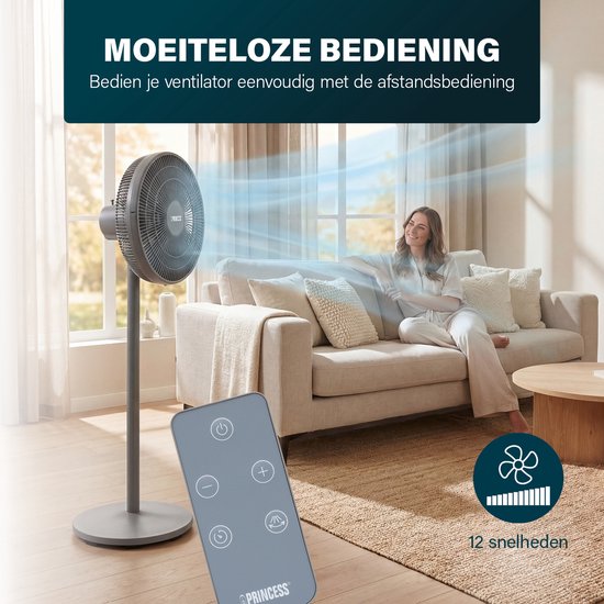 Ventilateur sur pied Princess DC – Ultra silencieux - ⌀44 cm – 12 vitesses – Oscillation – Minuterie 1 à 8 heures – Avec télécommande – 30 W – Gris - 354822