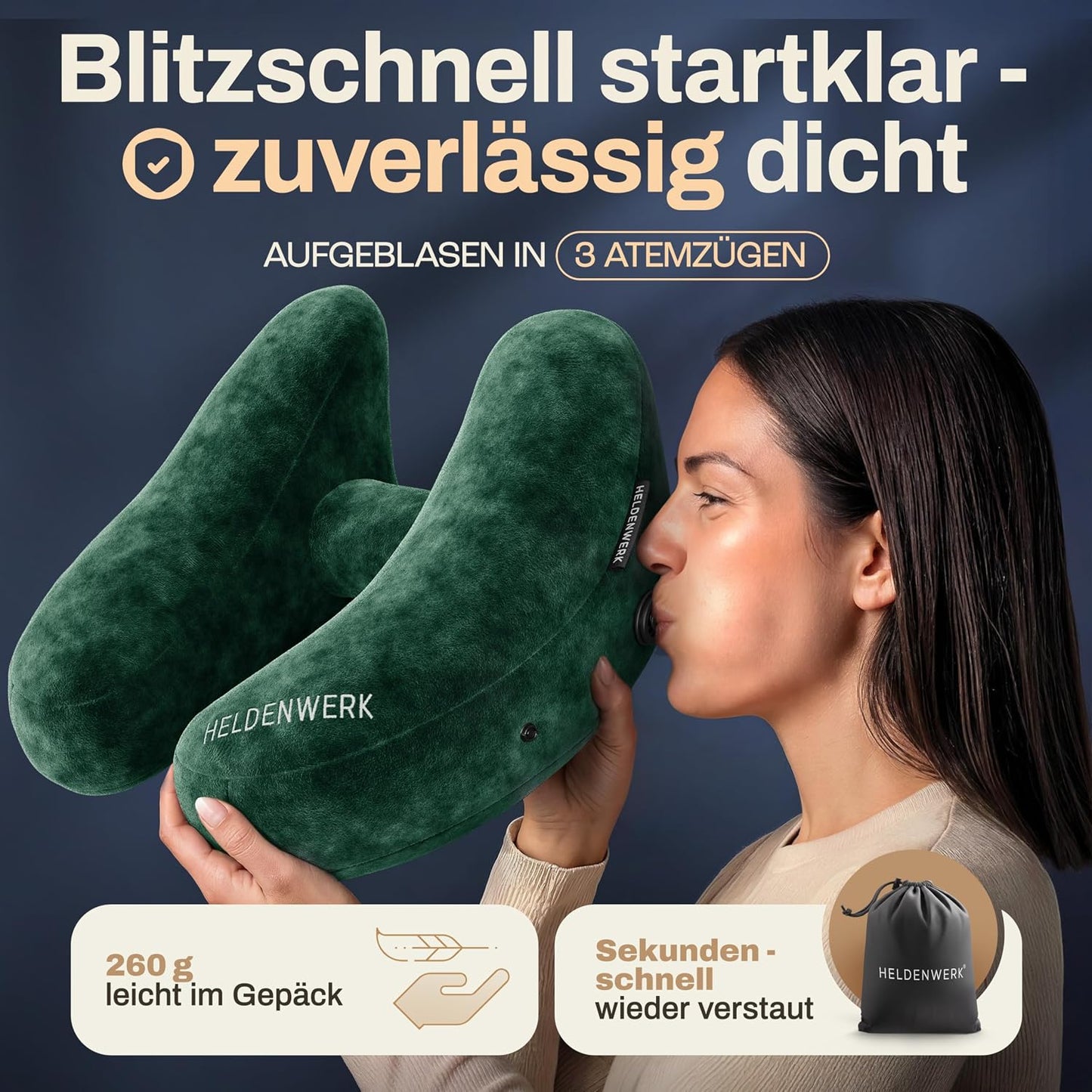 Oreiller cervical Heldenwerk® Premium Air – ErgoRing – Gonflable – Avec capuche et bouchons d'oreille