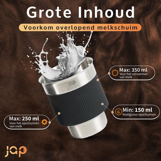 JAP Appliances Milky Whirl - Mousseur à lait électrique 4 en 1 (500W) - Mousseur à lait de 500 ml - Lavable au lave-vaisselle - Noir