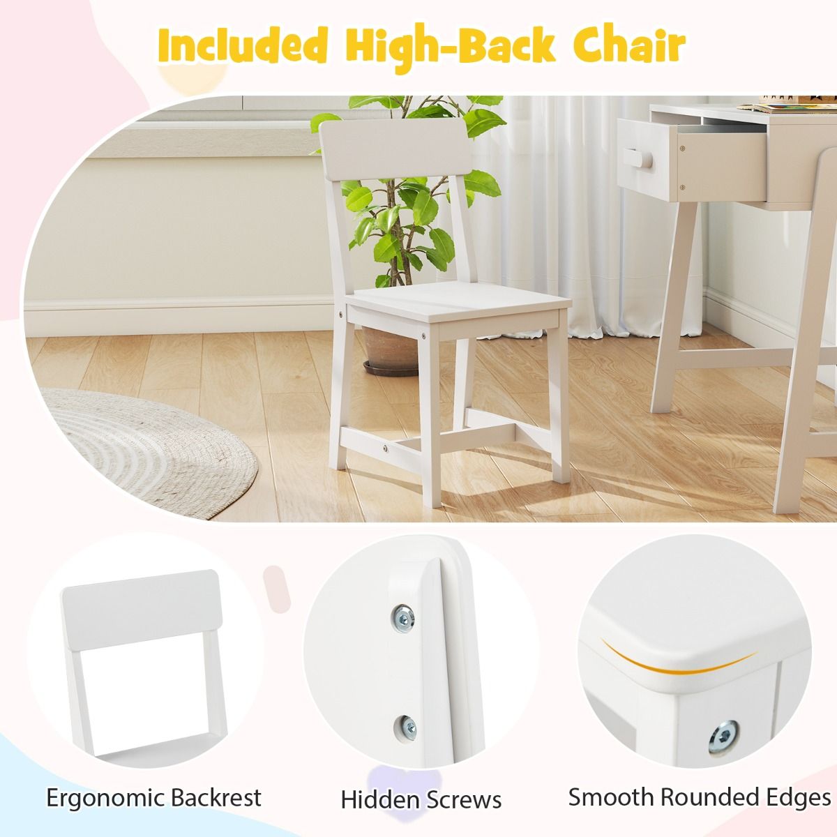 Bureau pour enfant Coast avec chaise - avec tiroir et étagère - conception ergonomique - blanc