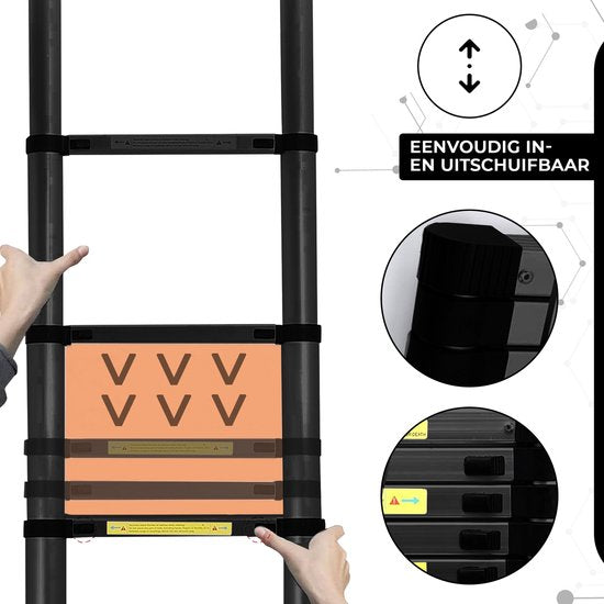Outbee Telescopic Ladder - Échelle pliante télescopique - Hauteur de travail 2.6m - Aluminium - Noir