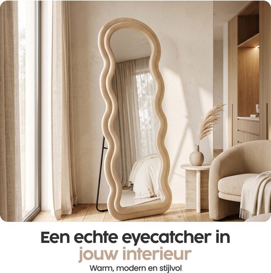 Infinity Goods Miroir en forme de vague - 160 x 60 cm - Miroir mural design - Miroir sur pied rembourré - Suède - Beige