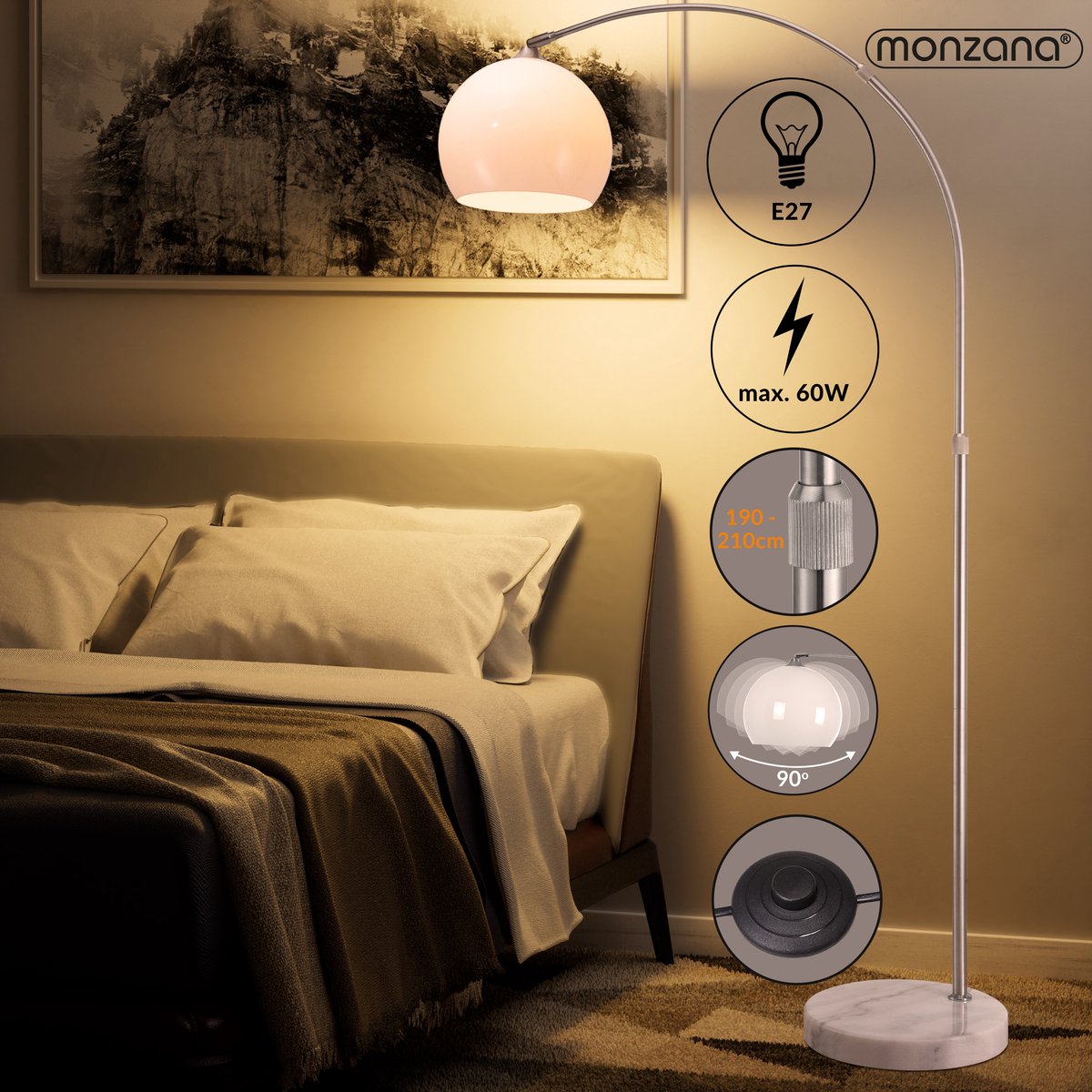 Monzana Retro Design Arc Lamp - Lampadaire - Ajustable 190-210 cm - Opal White - Silver