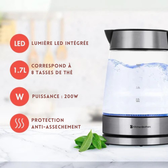 Bouilloire électrique - KitchenBrothers - 1,7L - 2200W - Verre - Acier Inoxydable