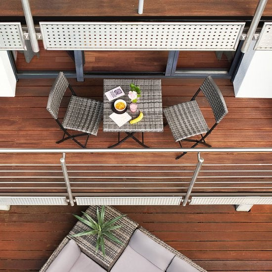 tectake® - set bistro de balcon ou de jardin en osier, groupe de sièges avec 2 chaises et 1 petite table de salle à manger, pliage peu encombrant, meubles de jardin, meubles de balcon petit balcon - gris clair