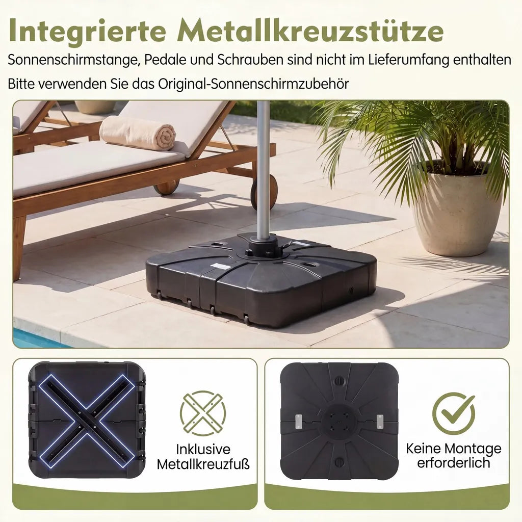 Pied de parasol Coast avec roulettes – Pied de parasol remplissable pouvant supporter jusqu’à 170 kg, avec base en croix métallique intégrée – pour grands parasols suspendus – Noir