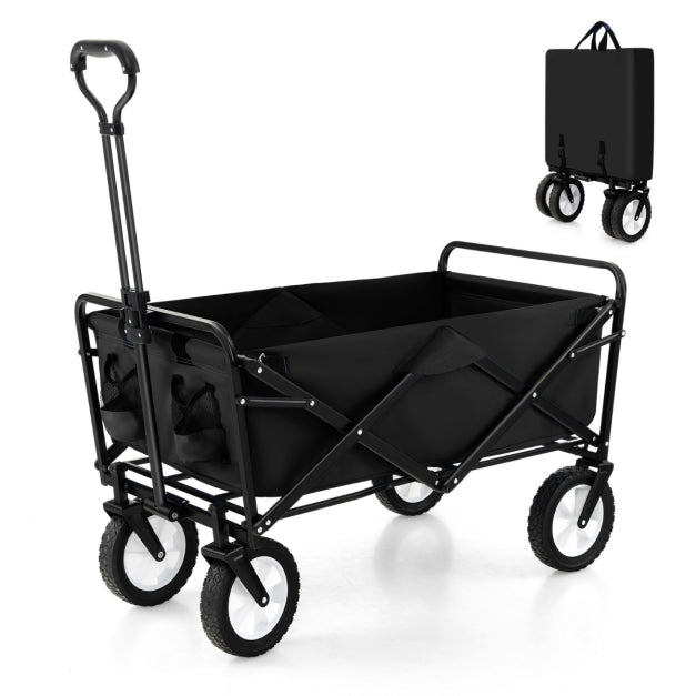 Chariot pliable - Capacité jusqu'à 68 kg - Avec poignée de poussée et de traction réglable, porte-gobelets et cadre en acier - Noir