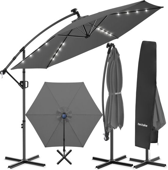 tectake® Parasol à pied flottant - 3 x 3 m - Parasol de jardin avec éclairage LED à énergie solaire - Orientable - Polyester imperméable avec protection UV - Housse incluse - Gris