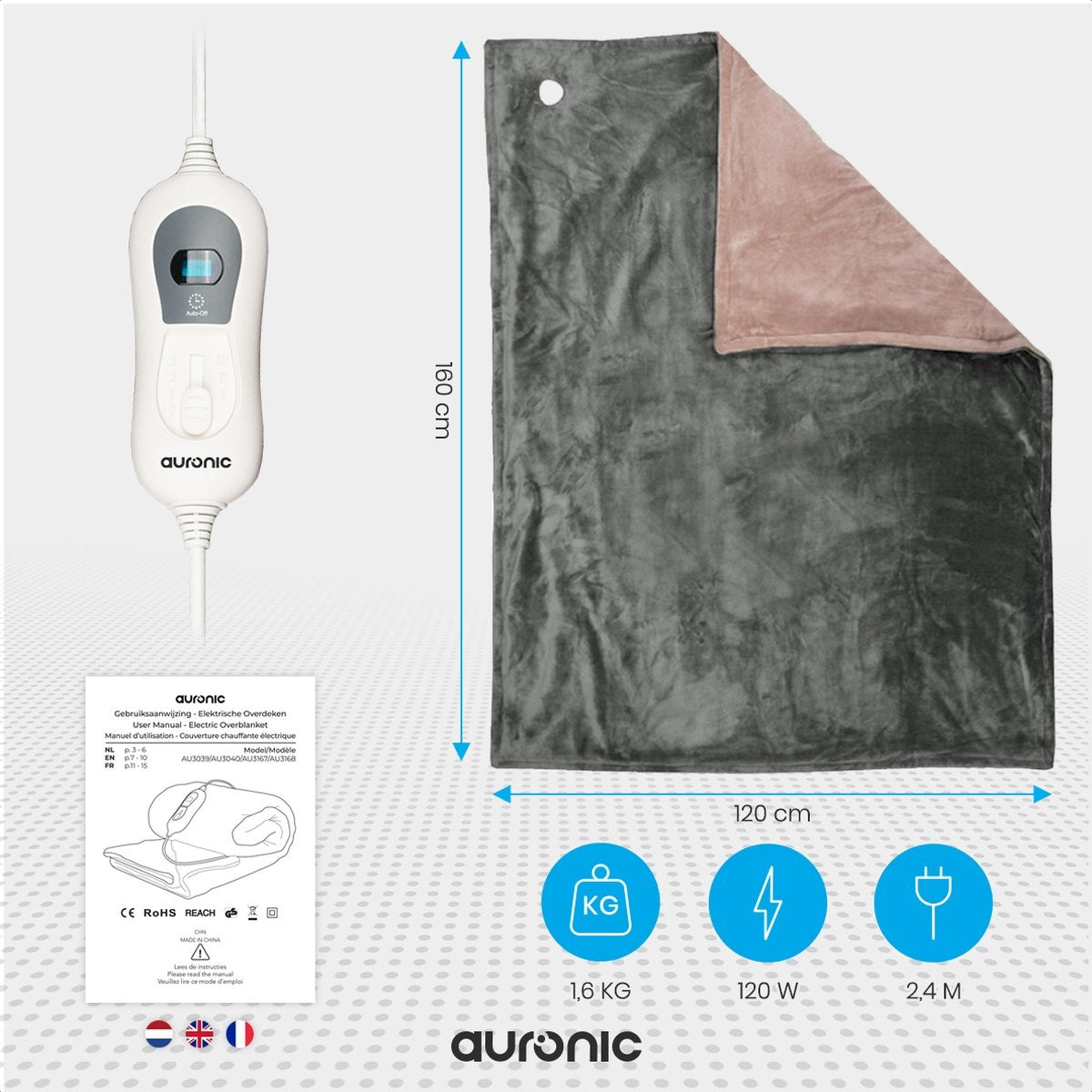 Auronic Couverture chauffante électrique - 1 personne - 3 niveaux - avec minuterie - 160 x 120cm - Gris