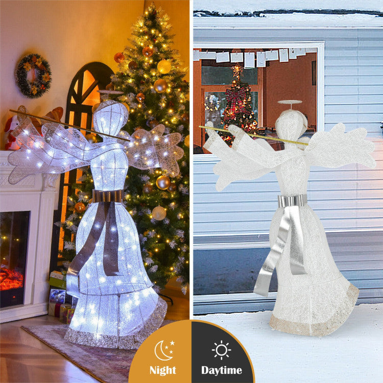 Ange illuminé Décoration de Noël - 150 cm de haut - Blanc et or - 100 LED - Pour l'intérieur et l'extérieur