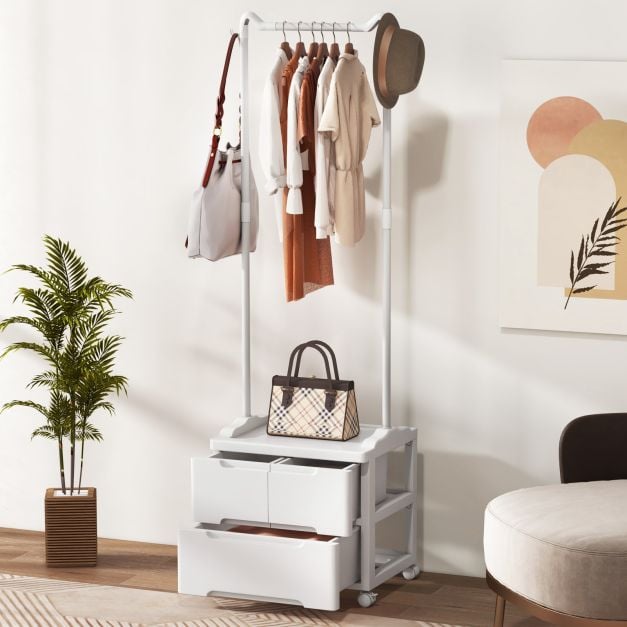 Costway Portemanteau - Avec tiroirs et crochets latéraux - 46 x 38 x 157 cm - Blanc