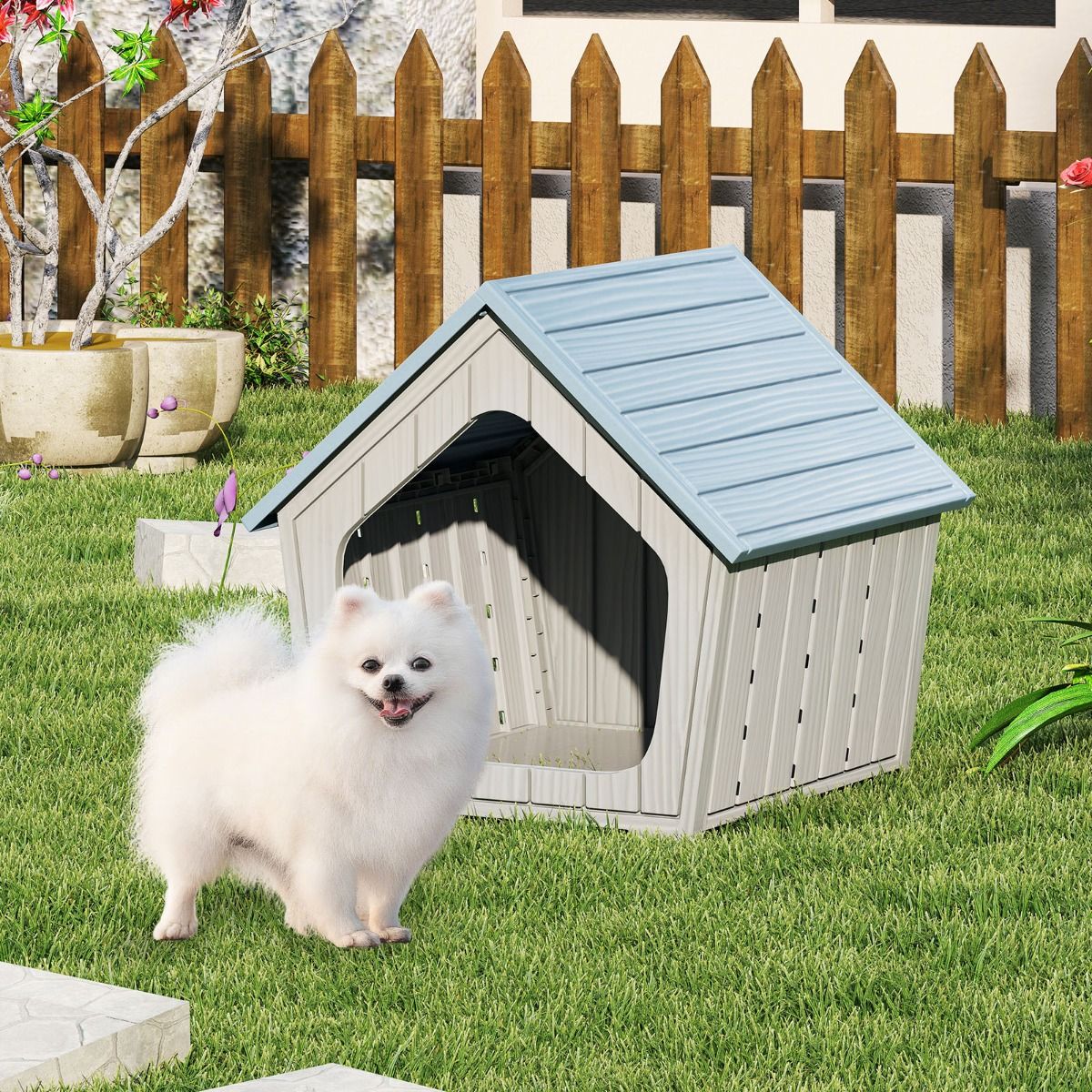 Maison pour chat Coast en plastique - Résistante aux intempéries - Grande entrée - Bleue et grise - 59,5 x 57 x 58 cm
