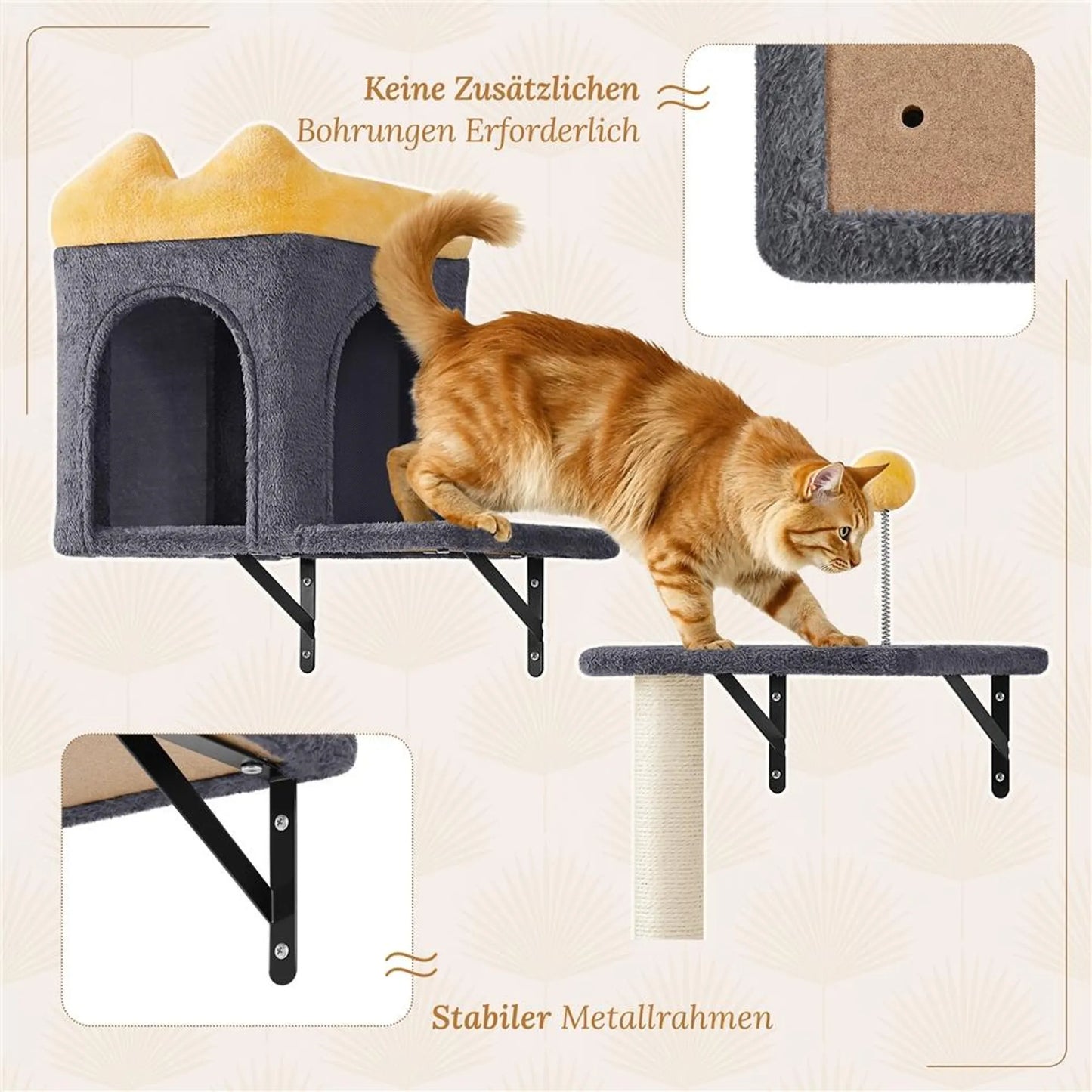 Yaheetech Meuble mural pour chat - 49 x 30 x 40 cm - équipé d'un terrier et d'un panier de couchage pour chat, de griffoirs en sisal et de plates-formes multiples - pour 1 à 5 chats - peluche et métal gris foncé