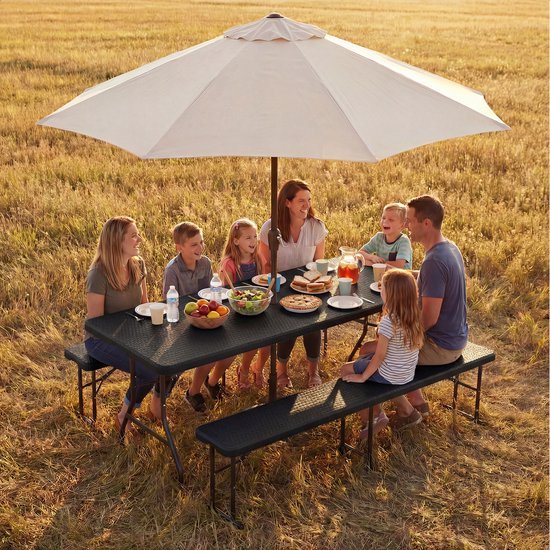 LifeGoods Set de pique-nique pliable - 180cm x 74cm - Table de jardin avec 2 bancs - Résistant aux intempéries - Table de camping - Table à bière pliable - Pour l'intérieur et l'extérieur - Pour 6 à 8 personnes - Rotin Noir
