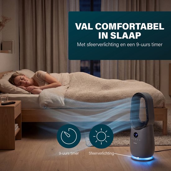 Ventilateur colonne sans pales Princess - 60 W – Ventilateur sans pales puissant et silencieux avec télécommande, minuterie et écran LED – Oscillation à 75° – 3 vitesses – 351582