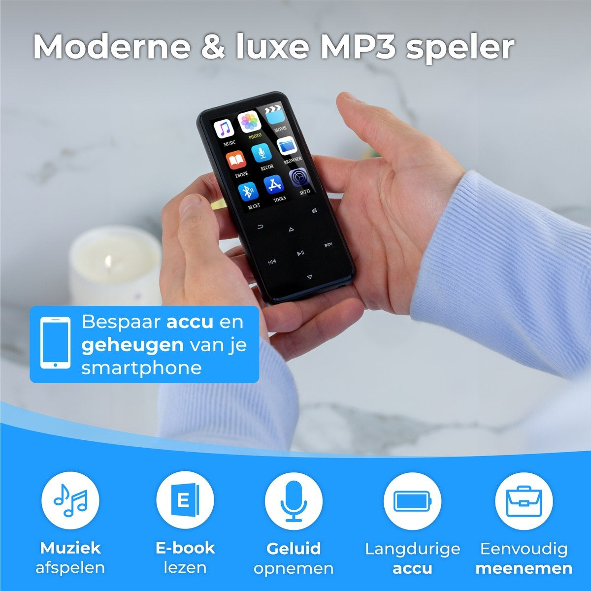 Nuvance - Lecteur MP3 Bluetooth - Mémoire interne 16GB - Support jusqu'à 128GB - Enregistreur vocal numérique - avec radio FM - Noir