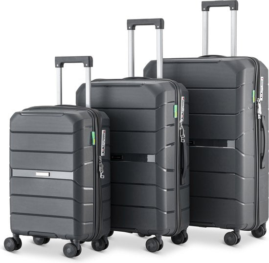SKYCASES Urban Adventurer - Ensemble de valises - 3 pièces - Serrure à chiffres - 232L - Roues pivotantes - Valise de voyage avec serrure de valise - Légère - Gris foncé