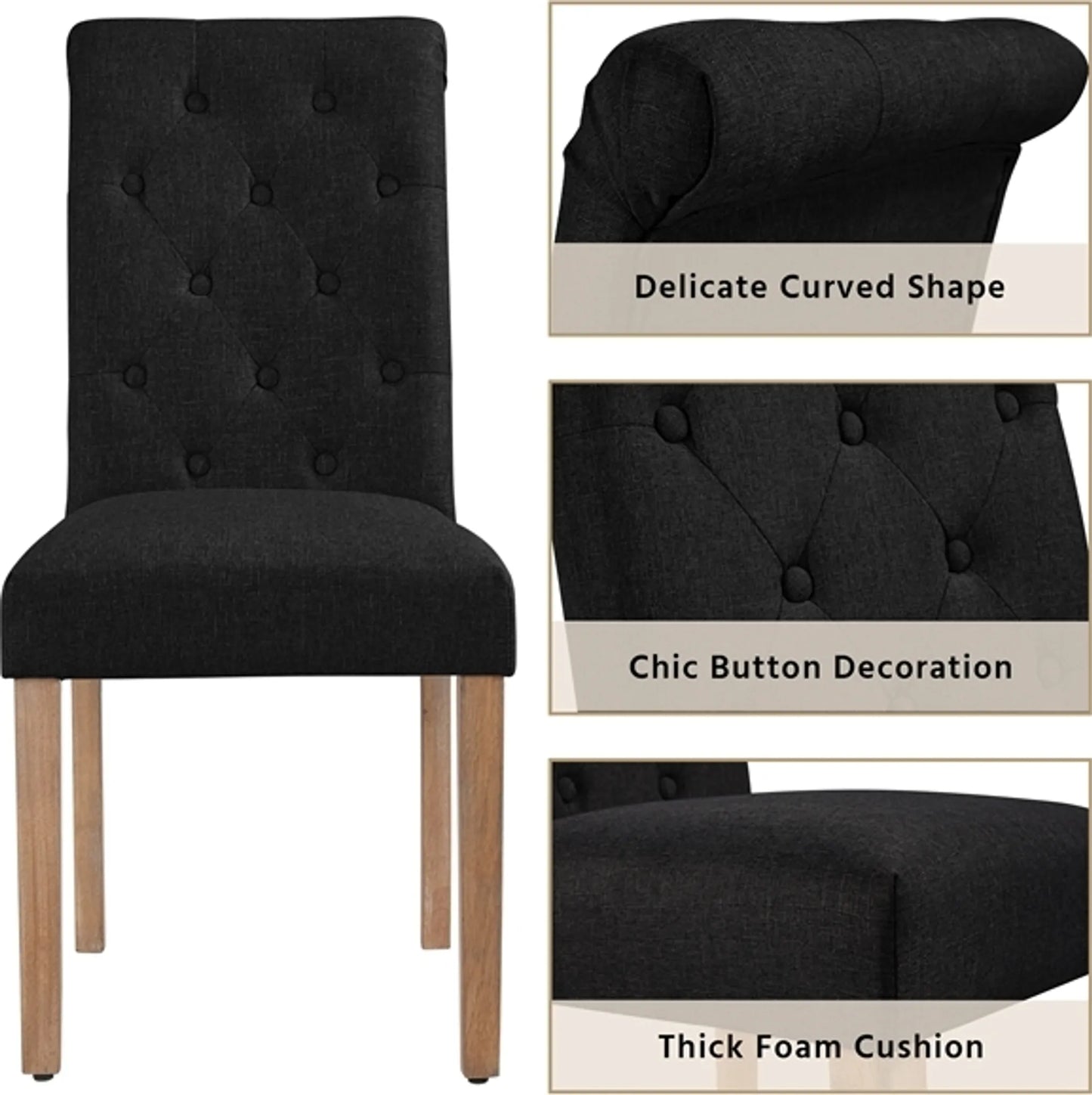 Yaheetech Chaise de salle à manger à dossier haut 2 pièces - avec dossier rembourré et pieds en chêne massif et pieds protecteurs réglables - pour cuisine et restaurant - polyester noir et chêne - 45,5 x 62 x 98,5 cm