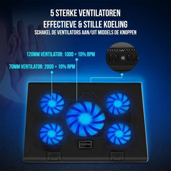 Strex Laptop Cooler - 12" - 17 Inch - Ajustable - 5 ventilateurs - Refroidisseur d'ordinateur portable - Cooling Pad