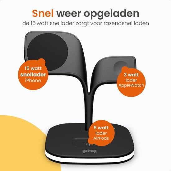 Goliving 5-in-1 Wireless Qi Charging Station - Chargeur sans fil Magsafe - Convient à l'iPhone, à l'Apple Watch et aux Airpods - Comprend une veilleuse à intensité variable et une sortie USB - Chargement rapide de 15 W - Noir