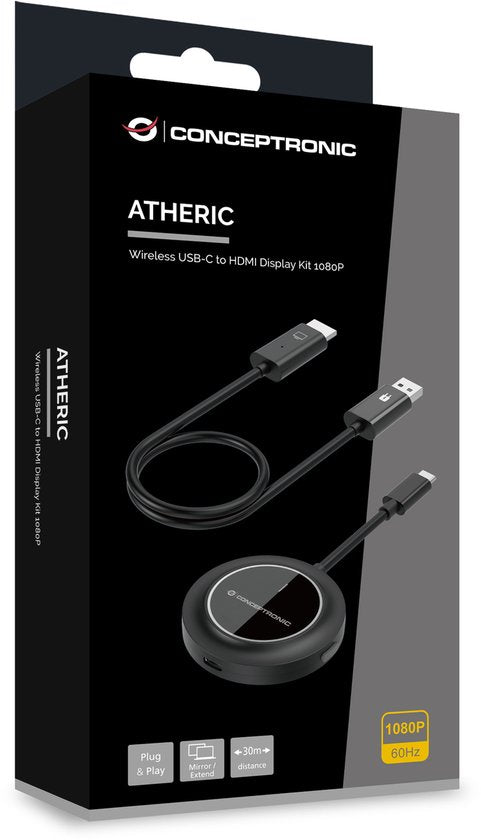 Conceptronic ATHERIC01B - Adaptateur d'écran sans fil - Kit d'adaptation sans fil USB-C vers HDMI 1080p - HDMI/USB - Dongle Full HD