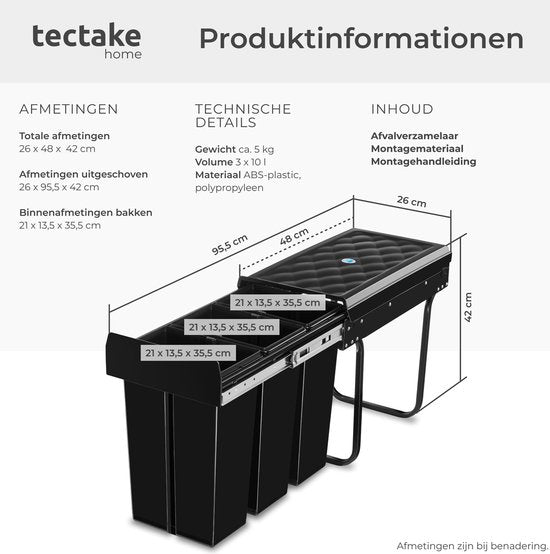 tectake® Collecteur de déchets - Poubelle encastrée - Séparation multiple des déchets - Solution de rangement efficace pour la cuisine et le bureau - Poubelle triple avec rails télescopiques - 3x 10L
