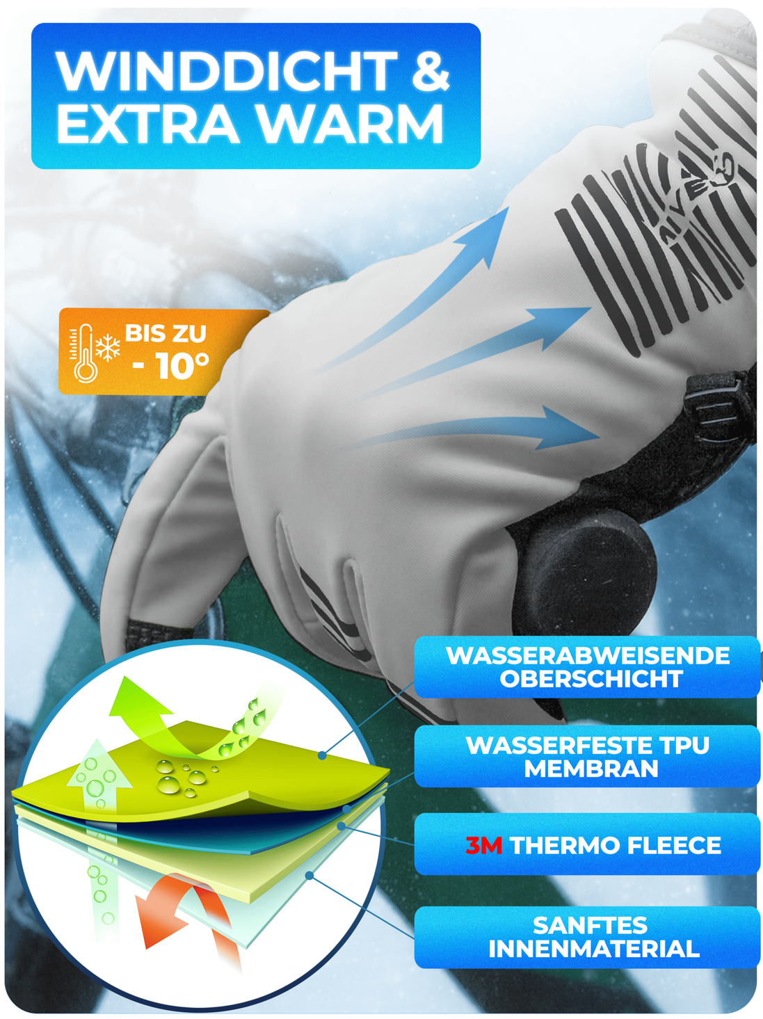MiVelo Gants d'hiver - Thermo-Fleece & 3M - Coupe-vent, imperméable, écran tactile & antidérapant - Entièrement réfléchissant - Taille XL