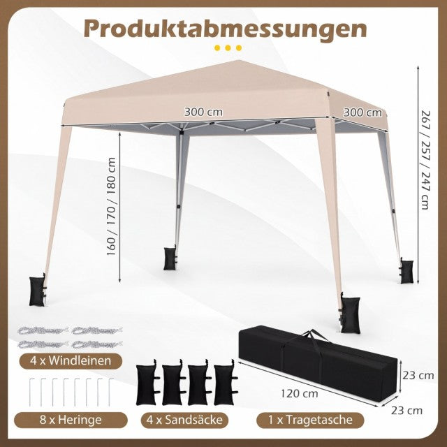 Pavillon de jardin pliable Coast 3 x 3 m - Imperméable et réglable en hauteur - 247-267 x 300 x 300 cm - Beige
