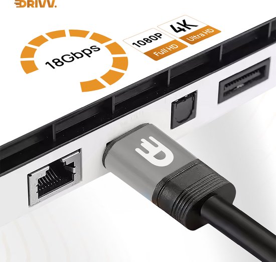 Câble HDMI Drivv. Premium 2.0 - Ultra HD 4K 60 Hz - HDMI vers HDMI - Compatible avec les consoles de jeux - 10 mètres - PVC - Gris