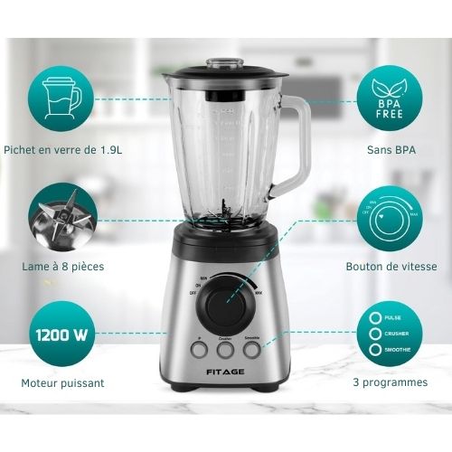 Blender - FITAGE - Blender de cuisine - 1200W et 1.9L - Gris métal