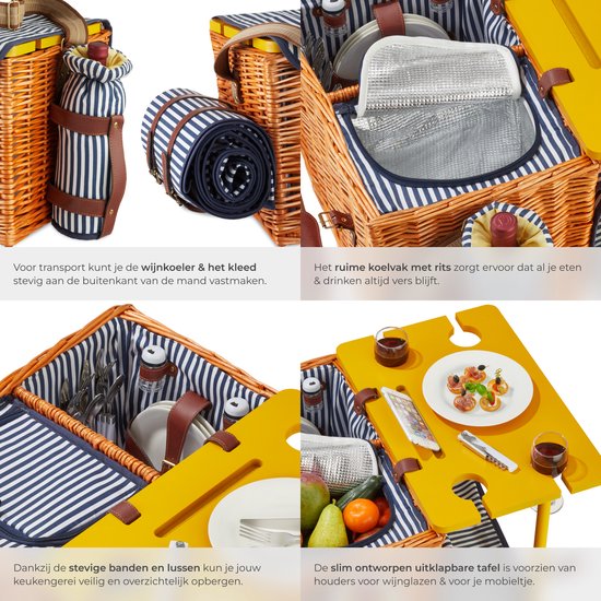 tectake® complete Picnic Basket Set Texel - Luxury 24-piece Picnic Set for 2 - Wicker Picnic Basket with Picnic Carpet - Includes Cool Box, Set of Plates, Plastic Wine Glasses and Stainless Steel Cutlery
