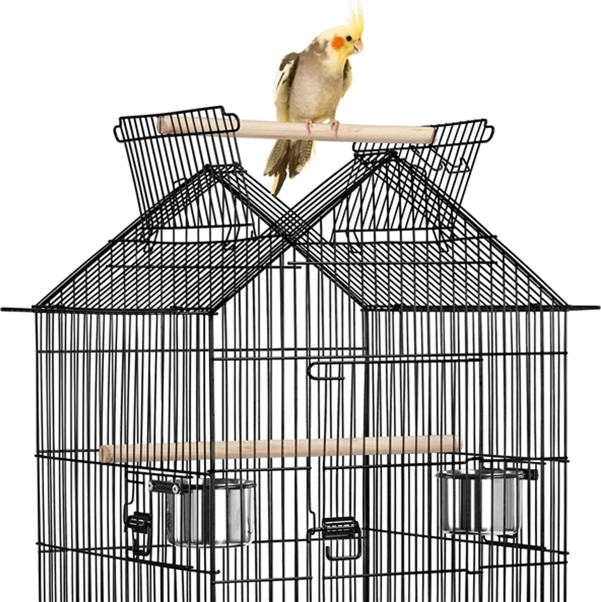 Yaheetech Cage à oiseaux XXL avec base mobile - 59,5 x 59,5 x 145 cm - avec ouverture dans le toit, plaque de fond amovible et étagère de rangement - pour perruches et canaris - métal noir et bois
