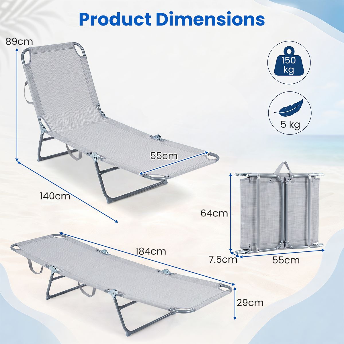 Chaise longue pliable Coast - Dossier et repose-pieds réglables sur 4 positions - Gris - 1 pièce