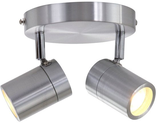 Spot à 2 faisceaux Upround 2487ST couleur acier - Orientable et inclinable - Design moderne - Ampoules incluses - Mexlite - Convient à un usage intérieur, IP44, profondeur max. 15 cm