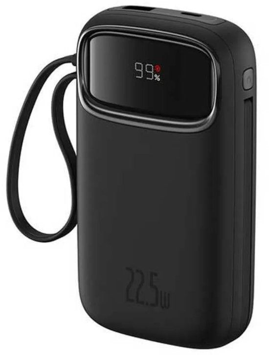 Batterie externe Baseus 10 000 mAh | Charge rapide 20 W via USB-C et USB-A | Format de voyage avec écran, noir | Batterie externe universelle compatible notamment avec Samsung et iPhone | Câbles USB-C et Lightning intégrés