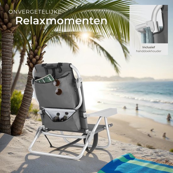 tectake® Beach Chair Coral - Chaise de camping pliable avec sac isotherme et sac de rangement - Dossier réglable en 5 directions avec coussin de tête - Accoudoirs larges avec porte-gobelet / porte-téléphone - Chaise de camping pliable - Gris
