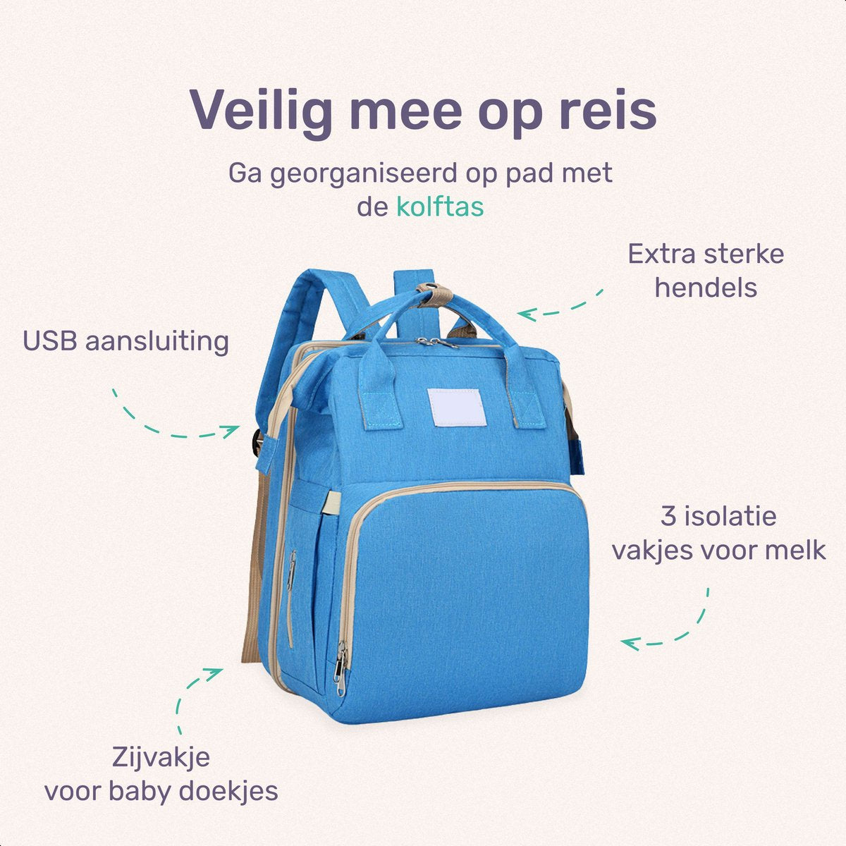 Sac à langer Qwali transformable en lit - 7 porte-biberons - Bleu-gris