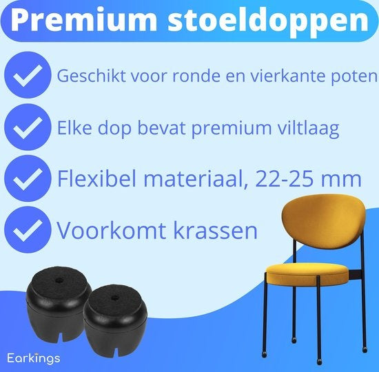 Protecteurs de pieds de chaises Protecteur de sol Ø22-25 mm - Capuchons de pieds de chaises Capuchons de meubles 24 pièces - Capuchons de chaises ronds et carrés Protecteur de sol Chaises - Earkings Black