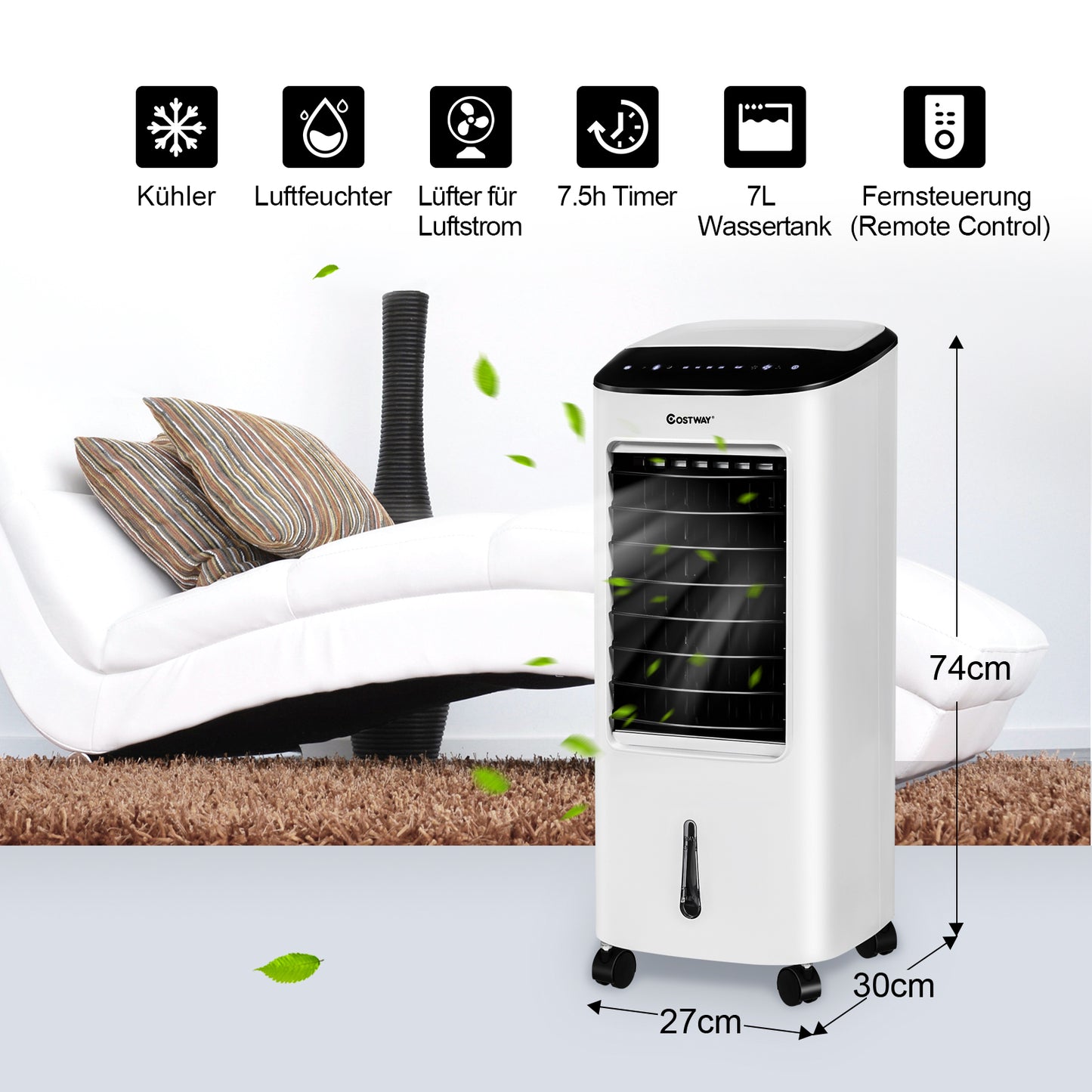 Coast Air Cooler - Humidificateur - 4-en-1 - Avec éléments de refroidissement et télécommande - 65W - Blanc