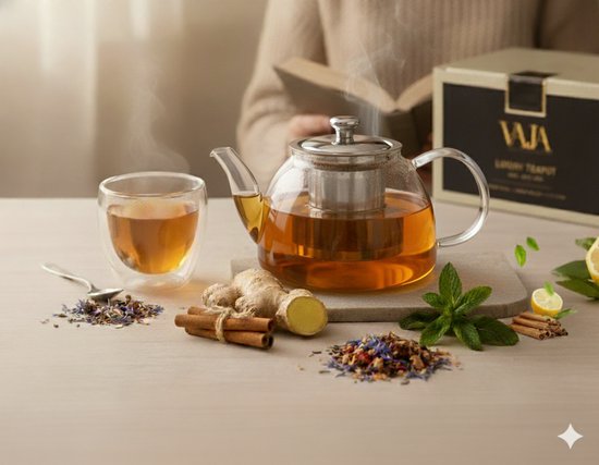Vaja® Théière en verre Fay avec filtre en acier inoxydable - 1 litre - Infuseur de thé - Pour thé en vrac / fleurs de thé - Cadeau de Noël - Verre borosilicaté avec bec verseur anti-goutte