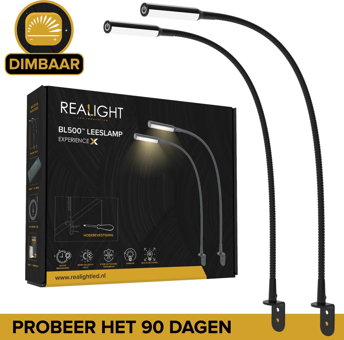 Realight BL300 Lampe de lit - Lampe de nuit LED avec fonction variateur - Lampe de lecture pour le lit et la tête de lit - Lampe tactile - Lumière blanche chaude - 2 pièces - 58 cm - Noir