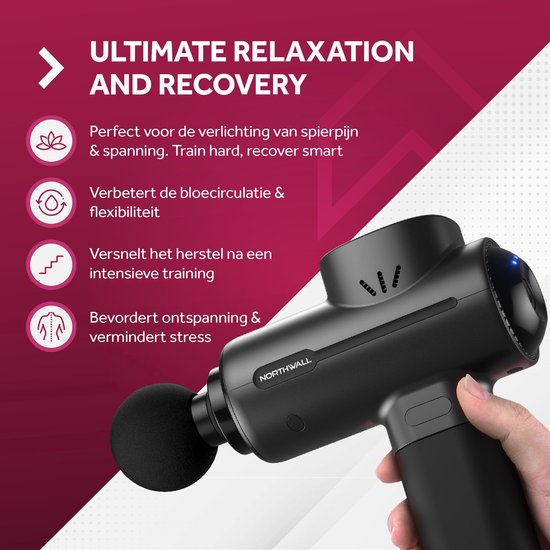 Northwall Massage Gun Professional PRO - Pistolet de massage avec étui et 6 accessoires dont une tête de massage en chêne - Appareil de massage sportif et de relaxation puissant et sans fil